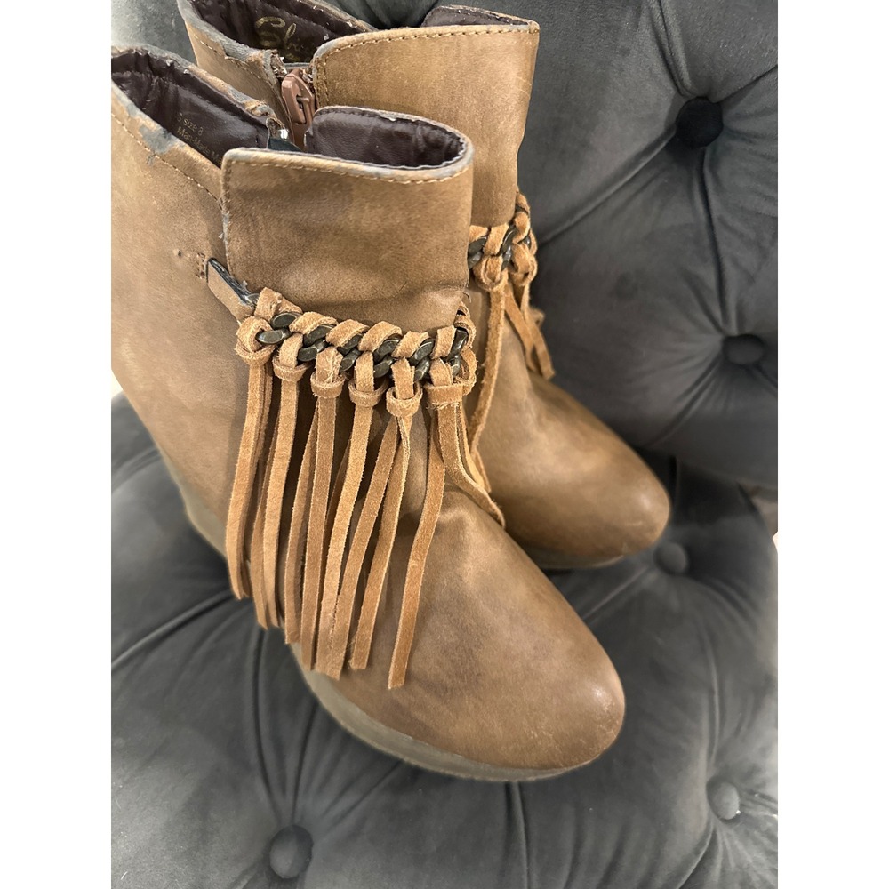 Sbicca Vintage Collection Brown Fringe Wedge Ankle Boots Women's Size 8 Boho